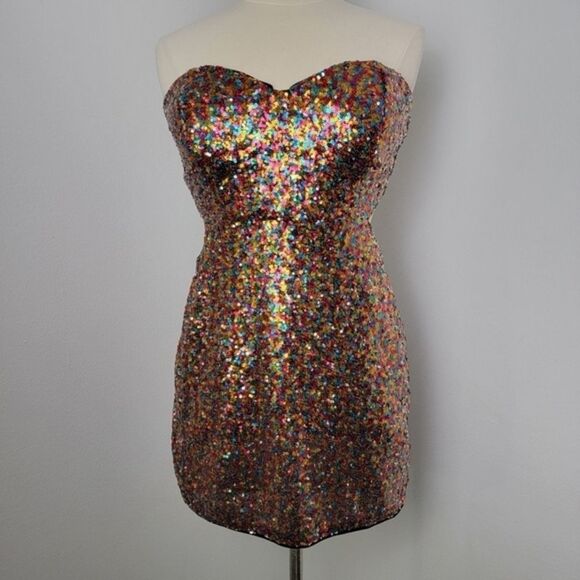 Lulus Magical Night Rainbow Sequin Strapless Cutout Bodycon Mini Dress Large - Picture 5 of 16